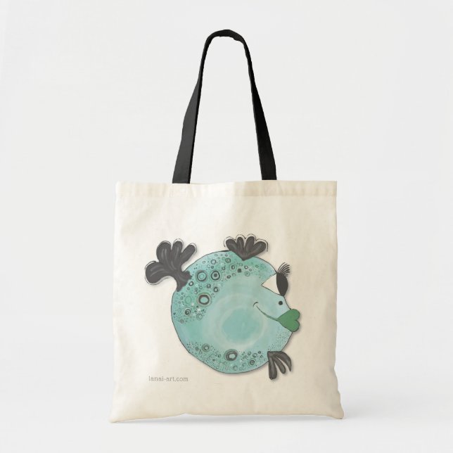 Adorable Whimsical Fish Art Blue and Green Tote Bag (Front)