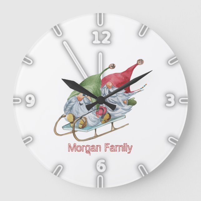 Adorable Whimsical Gnomes Sleigh Christmas Large Clock (Front)