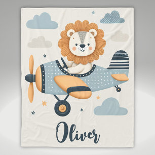 Adorable Whimsical Lion on Charming Aeroplane  Fleece Blanket