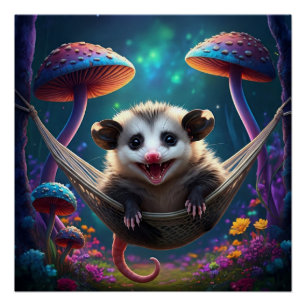 Adorable Whimsical Opossum Psychedelic Hippie Poster
