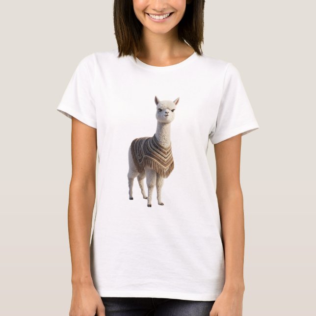Adorable White Alpaca Character Wearing Bohemian T-Shirt (Front)