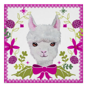 Adorable White Baby Llama Face Fuchsia Pink Green Poster