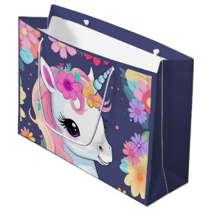 Adorable White Baby Unicorn with Flowers Large Gift Bag