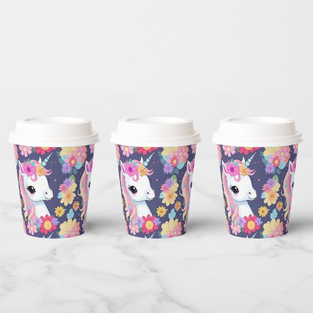 Adorable White Baby Unicorn with Flowers Paper Cups (Multi)