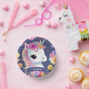 Adorable White Baby Unicorn with Flowers Paper Plate