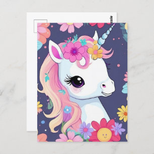 Adorable White Baby Unicorn with Flowers Postcard