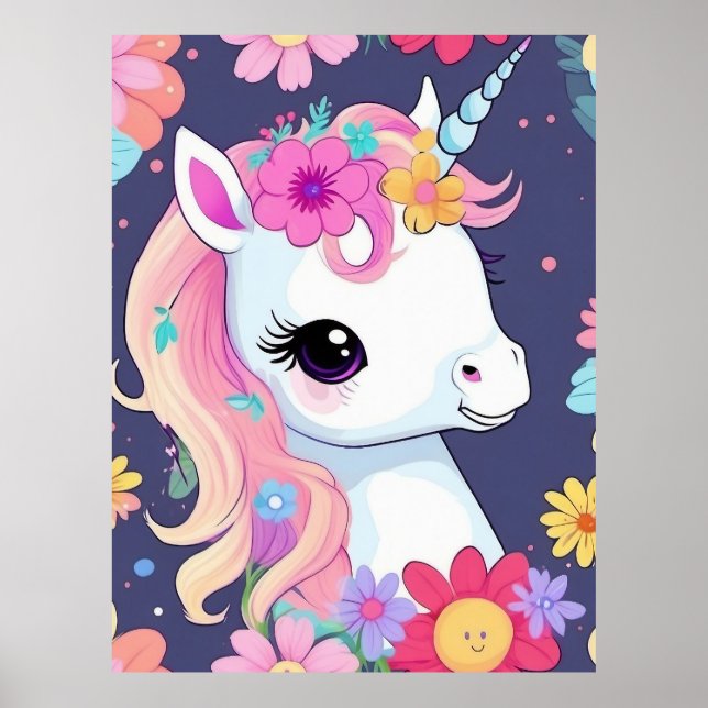 Adorable White Baby Unicorn with Flowers Poster (Front)