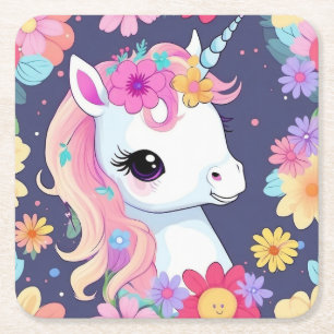 Adorable White Baby Unicorn with Flowers Square Paper Coaster