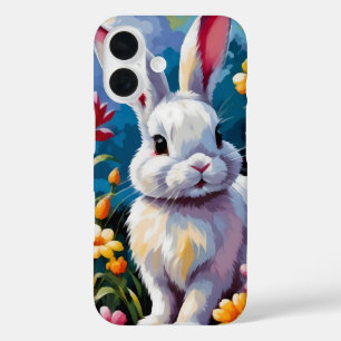 Adorable White Bunny Surrounded by Vibrant Flowers iPhone 16 Case