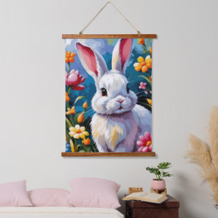 Adorable White Bunny Surrounded by Vibrant Flowers Hanging Tapestry