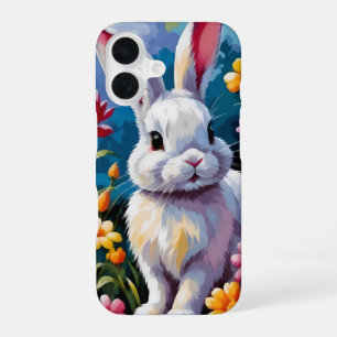 Adorable White Bunny Surrounded by Vibrant Flowers iPhone 16 Case