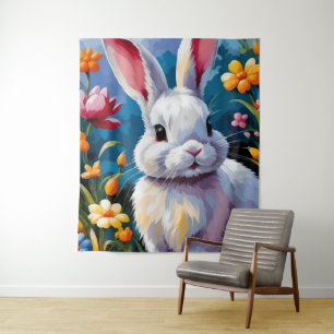 Adorable White Bunny Surrounded by Vibrant Flowers Tapestry