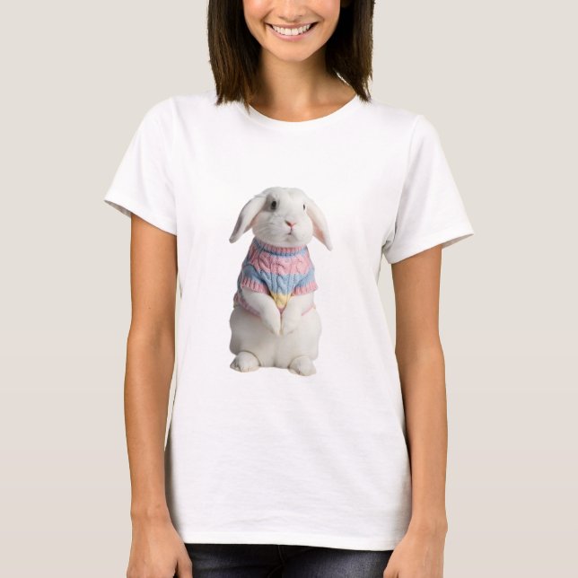Adorable White Bunny Wearing Pastel Knitted T-Shirt (Front)