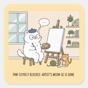 Adorable White Cat Artist's Block Art Creative Square Sticker