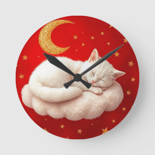 Adorable white cat round clock