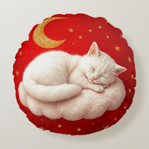 Adorable white cat round cushion