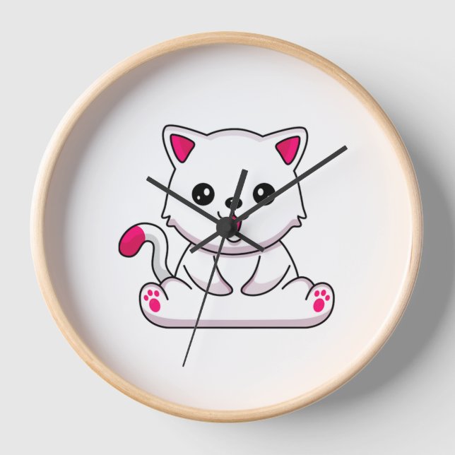 Adorable White Cat Sticker for Cat Lovers  Clock (Front)