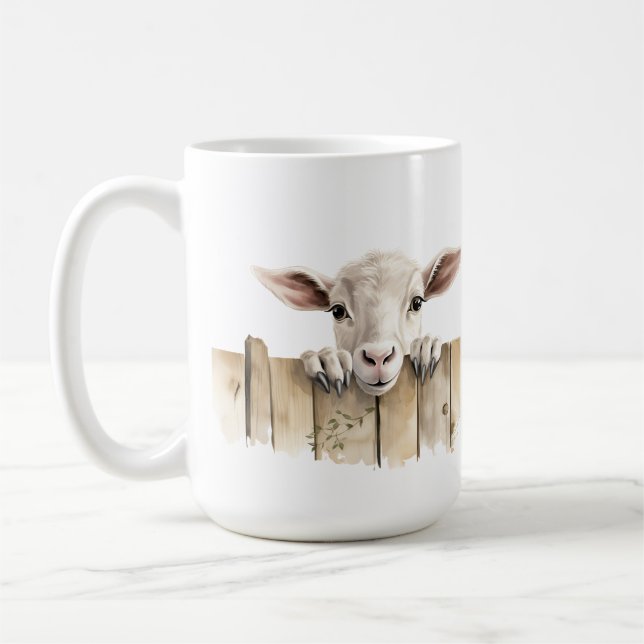ADORABLE WHITE GOAT PEAKING OVER FENCE COFFEE MUG (Left)