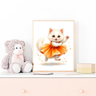 Adorable White Kitten Ballerina in Orange Tutu Poster