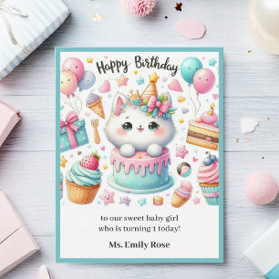 Adorable White Kitten Celebrating Happy Birthday Card