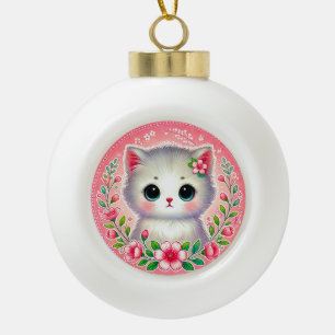 Adorable White Kitten Surrounded by Pink Flowers Ceramic Ball Christmas Ornament
