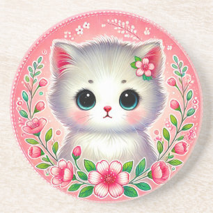 Adorable White Kitten Surrounded by Pink Flowers Coaster