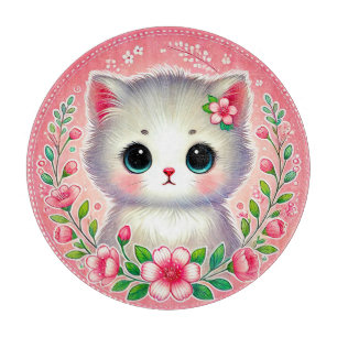 Adorable White Kitten Surrounded by Pink Flowers Cutting Board