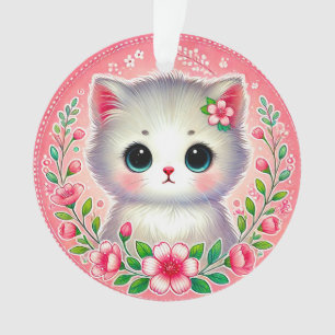 Adorable White Kitten Surrounded by Pink Flowers Ornament