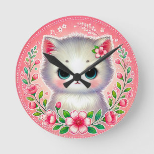 Adorable White Kitten Surrounded by Pink Flowers Round Clock