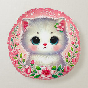 Adorable White Kitten Surrounded by Pink Flowers Round Cushion
