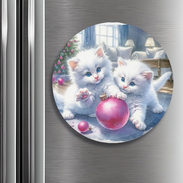 Adorable White Kittens Pink Christmas   Magnet (Creator Uploaded)