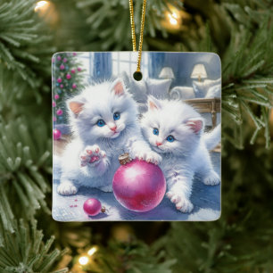 Adorable White Kittens Pink Christmas Personalised Ceramic Ornament