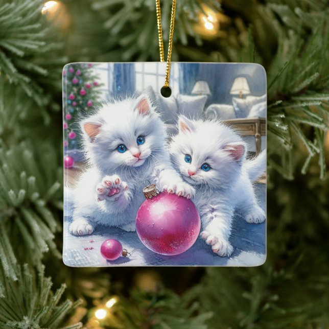 Adorable White Kittens Pink Christmas Personalised Ceramic Ornament (Tree)
