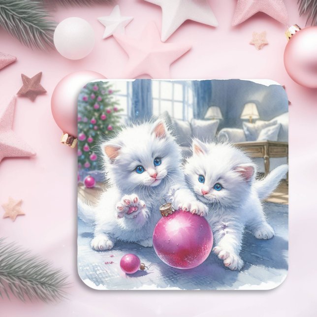 Adorable White Kittens Pink Christmas   Square Sticker (Creator Uploaded)
