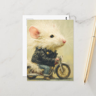 Adorable White Mouse on a Motorcycle Postcard