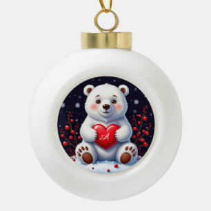 Adorable White Polar Bear Cub Holding a Red Heart Ceramic Ball Christmas Ornament