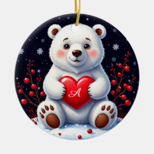 Adorable White Polar Bear Cub Holding a Red Heart Ceramic Ornament