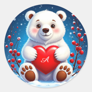 Adorable White Polar Bear Cub Holding a Red Heart Classic Round Sticker
