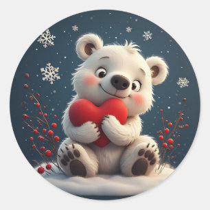 Adorable White Polar Bear Cub Holding a Red Heart Classic Round Sticker