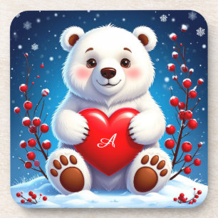 Adorable White Polar Bear Cub Holding a Red Heart Coaster