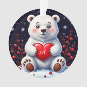 Adorable White Polar Bear Cub Holding a Red Heart Ornament
