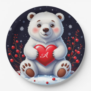 Adorable White Polar Bear Cub Holding a Red Heart Paper Plate