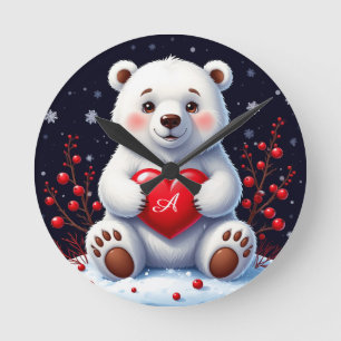 Adorable White Polar Bear Cub Holding a Red Heart Round Clock