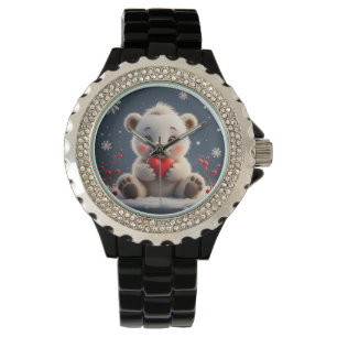 Adorable White Polar Bear Cub Holding a Red Heart Watch