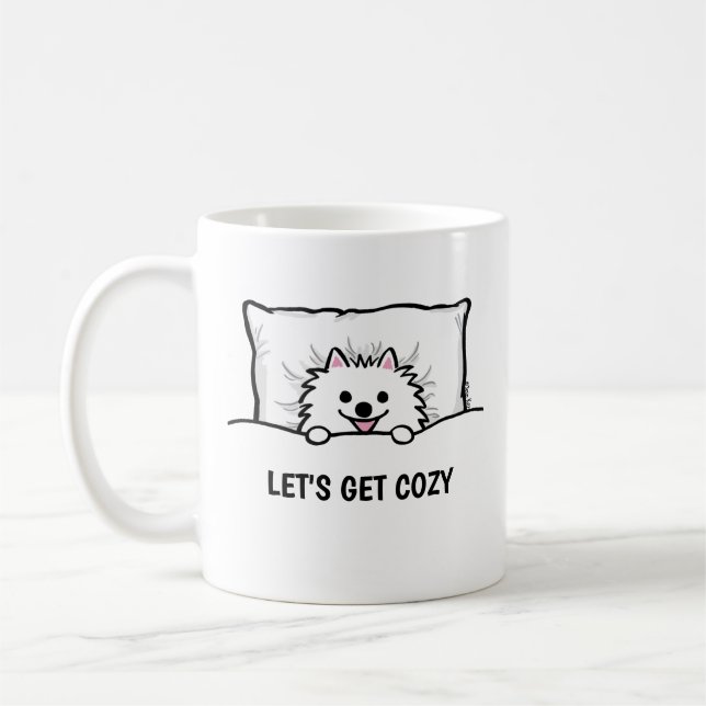 Adorable White Pomeranian Let's Get Cosy Coffee Mug (Left)
