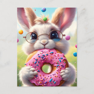 Adorable white rabbit with a doughnut postcard