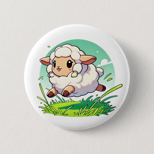 Adorable white sheep leaping through a field 6 cm round badge (Front)