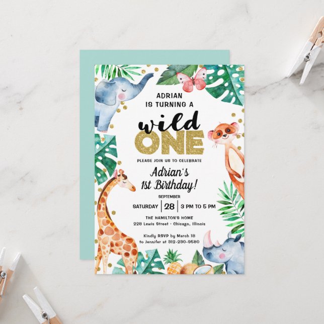 Adorable Wild One Jungle Birthday Invitation (Front/Back In Situ)