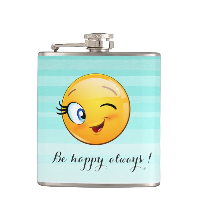 Adorable Winking Emoji Face-Be happy always Hip Flask (Front)