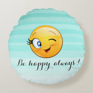 Adorable Winking Emoji Face-Be happy always Round Cushion